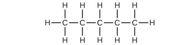 Se muestra una cadena de cinco átomos de C con enlaces simples. Cada átomo de C tiene un átomo de H enlazado por encima y por debajo. Los átomos de C del extremo de la cadena tienen un tercer átomo de H enlazado a cada uno de ellos.