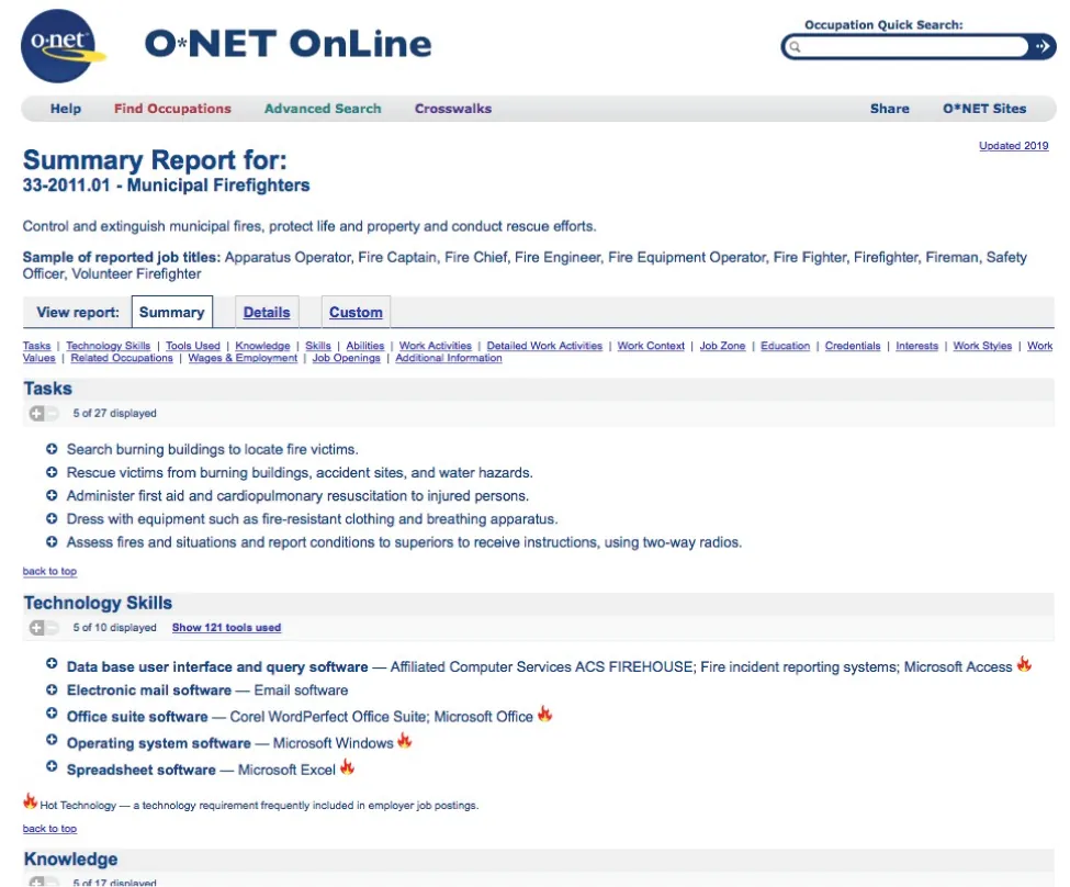 A screenshot of a website called “O-net online.” The page is a Summary report for Municipal Firefighters. Under the heading is a definition: “control and extinguish municipal fires, protect life and property and conduct rescue efforts.” There is a sample of reported job titles including Apparatus operator, fire captain, fire chief, fire engineer, fire equipment operator, fire figher, fireman, safety officer, volunteer firefighter. The page includes a summary of tasks including “Search burning buildings to locate fire victims, rescue victims from burning buildings, ancient sites, and water hazards, administer first aid and cardiopulmonary resuscitation to injured persons, dress with equipment such as fire-resistant clothing and breathing apparatus, assess fires and situations and report conditions to superiors to receive instructions, using two-way radios.” The summary of technology skills includes “Data base user interface and query software—Affiliated Computer Services ACS Firehouse; fire incident reporting systems Microsoft Access; electronic mail software—email software; Office suite software—Corel WordPerfect Office Suit, Microsoft Office; Operating system software—Microsoft Windows; Spreadsheet software—Microsoft Excel.”