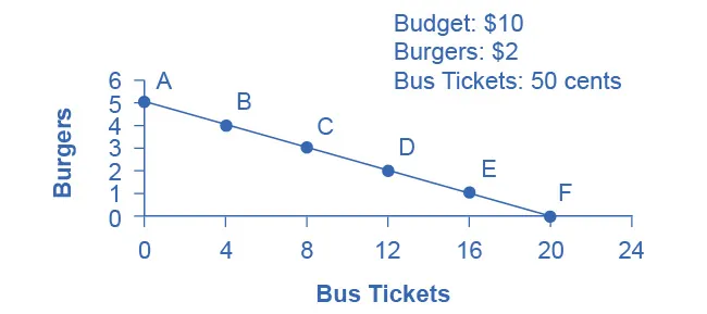 The graph illustrates the budget constraint as a downward-sloping line starting at 5 burgers on the y-axis and ending at 20 bus tickets on the x-axis.