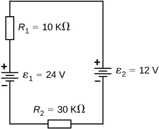 Rysunek przedstawia zacisk dodatni źródła napięcia V ze znakiem 1 i napięciu 24 V połączony szeregowo z opornikiem R ze znakiem 1 dla 10 kΩ połączonych szeregowo do zacisku dodatniego źródła napięcia V ze znakiem 2 o napięciu 12 V połączonym szeregowo z opornikiem R ze znakiem 2 dla 30 kΩ.