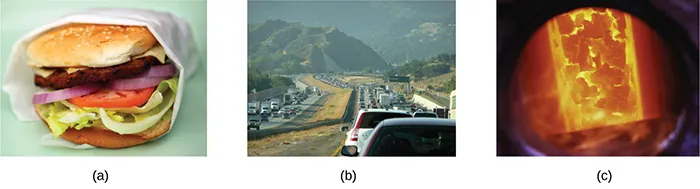 Se muestran tres imágenes etiquetadas como a, b y c. La imagen a es una hamburguesa con queso. La imagen b muestra una autopista llena de tráfico. La imagen c es una vista de un horno industrial de metal. La vista del horno muestra un fuego caliente ardiendo en su interior.
