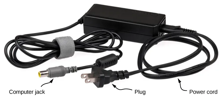 A photograph of a black power charging unit that connects a laptop to an electrical outlet, allowing the laptop to be charged.