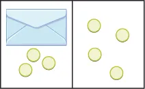 The image is divided in half vertically. On the left side is an envelope with three counters below it. On the right side is 4 counters.