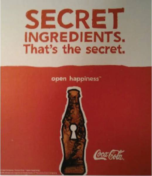 An advertisement for Coca Cola that reads Secret Ingredients, that's the secret. Open Happiness.