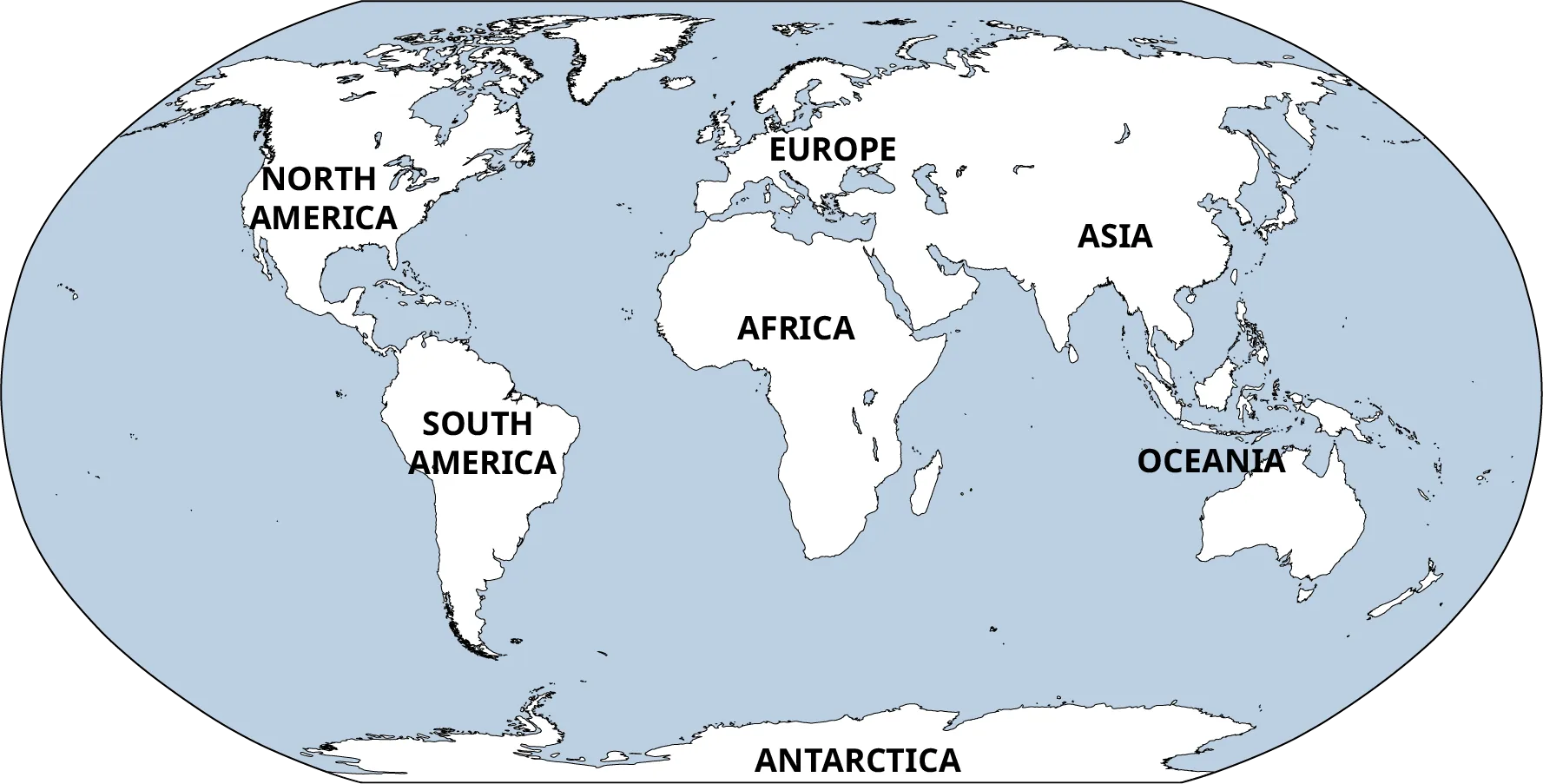 A map of the world continents. The continents are North America, South America, Europe, Asia, Africa, Oceania, and Antarctica.