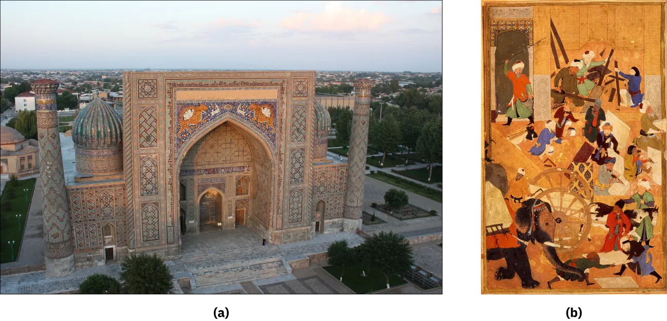 Two images are shown. (a) A photograph of the front of a highly decorated mosaic building is shown. The front is a large pointed arched opening showing a similarly shaped door in the recess. On either side of the door are two even smaller similar shaped archways stacked on top of each other. On either side of the top of the large archway are images of an orange tiger with a long tail surrounded by blue, red, and white mosaic tiles. The rectangular perimeter of the building is decorated with various highly ornate mosaic tiles in green, brown, and beige. On either side of the rectangle, a square shaped mosaic matching building sits with a short round base with a striped dome on tope. All are decorated in matching mosaic tiles with the dome is teal blue. A tall, intricately decorated mosaic tiled tower sits at each end of the square building with a maroon and gold colored ovalish top. Stairs are seen in front of the doorways and large green trees are on either side of the stairs in a square area. In front of the building is a bricked walkway that extends across the image and along the sides of the building. The background shows other buildings in various shapes and sizes, trees, and a landscape of a city in the far background and a cloudy sky. (b) An image of a drawing is shown. A doorway on the top left has a highly decorate mosaic arch at the top and the open area shown in the rest of the image shows an orange background. In the doorway, a man in a green, long sleeved shirt dress with a red coat holds a long, thin stick over his head. He has a turban, beard, and black boots with a sword at his belt. In the right, top back of the image, three men in brow, green, and blue robes, two with turbans, are seen with various tools sawing, splitting with an axe, and sanding with a black object while other brown pieces surround them. In front of the man in the doorway, three figures are sitting on the ground in solid-colored robes and turbans with their arms extended in front of them. To their right, five figures similarly dressed sit on the ground in front of white, square objects, some holding thin, black items in their hands. In the forefront of the image on the left, a black tusked elephant is seen wearing gray and red décor on his head and a red blanket over his back. A man in an orange robe and white turban sits on the elephant’s neck holding a whip and a large, white object sits on the elephant’s saddle. The elephant’s trunk is around the waist of a dark skinned figure, bent at the waist and holding on to a large, white square object with another figure on the other side. Behind them is a two wheeled cart filed with large, square white objects pulled by a black and white horse with two figures on either side of the horse in long robes and turbans, looking at the elephant. 