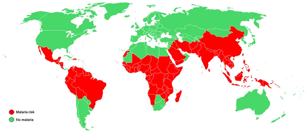 A map highlighting countries where malaria is known to occur is shown.