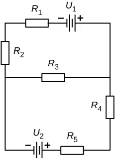 Rysunek przedstawia trzy poziome rozgałęzienia. Od lewej do prawej pierwsza gałąź zawiera opornik R ze znakiem 1 połączony do ujemnego zacisku źródła napięcia V ze znakiem 1, druga gałąź posiada opornik R ze znakiem 3, a trzecia ma źródło napięcia V ze znakiem 2 ze swym dodatnim zaciskiem połączonym z opornikiem R ze znakiem 5. Pierwsza i druga gałąź połączone są poprzez opornik R ze znakiem 2 z lewej, a drugie i trzecie ramię połączone są poprzez opornik R ze znakiem 4 po prawej. 