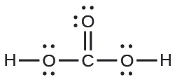 Se muestra una estructura de Lewis. Un átomo de carbono está unido con enlace simple a tres átomos de oxígeno. Dos de esos átomos de oxígeno están unidos con enlace simple a un átomo de hidrógeno. Cada átomo de oxígeno tiene dos pares solitarios de electrones.