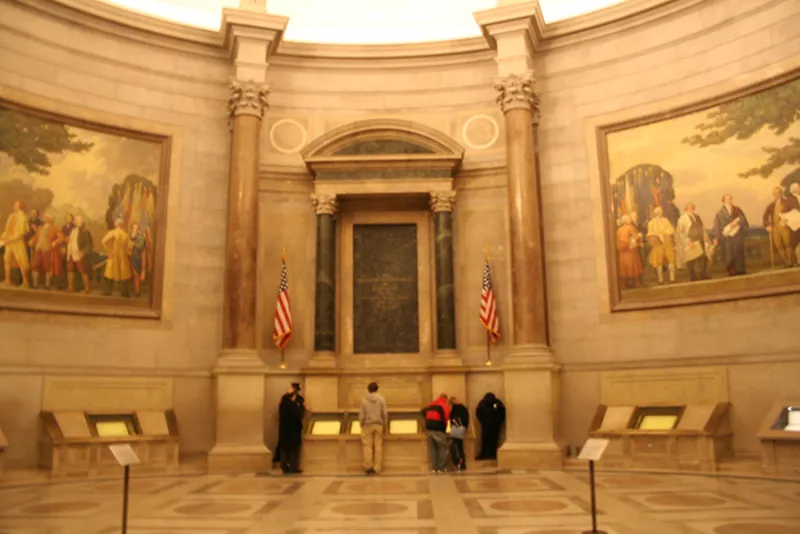 The Rotunda for the Charters of Freedom is part of the National Archives Building in Washington, DC.