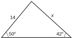 A triangle. One angle is 50 degrees with opposite = x. Another angle is 42 degrees with opposite side = 14.