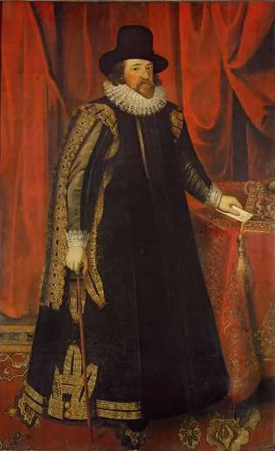 Painting depicts Sir Francis Bacon in a long cloak.