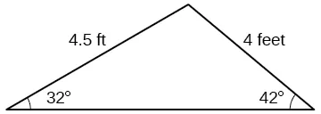 A triangle. One angle is 32 degrees with opposite side = 4. Another angle is 42 degrees with opposite side = 4.5.