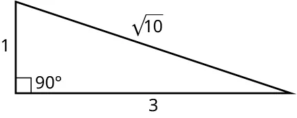 A right triangle. The legs measure 1 and 3. The hypotenuse measures square root of 10.