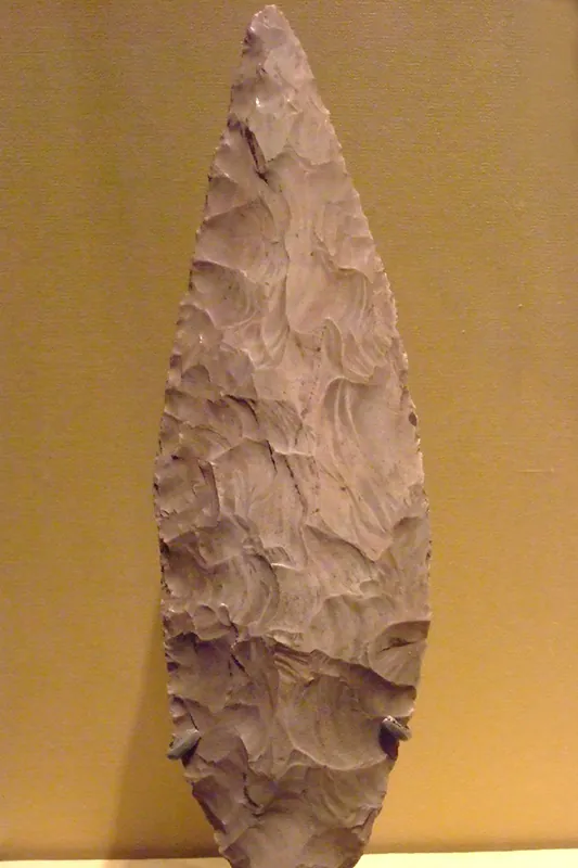 Long, shaped stone in the general shape of a narrow leaf. The stone has been shaped by chipping away flakes.