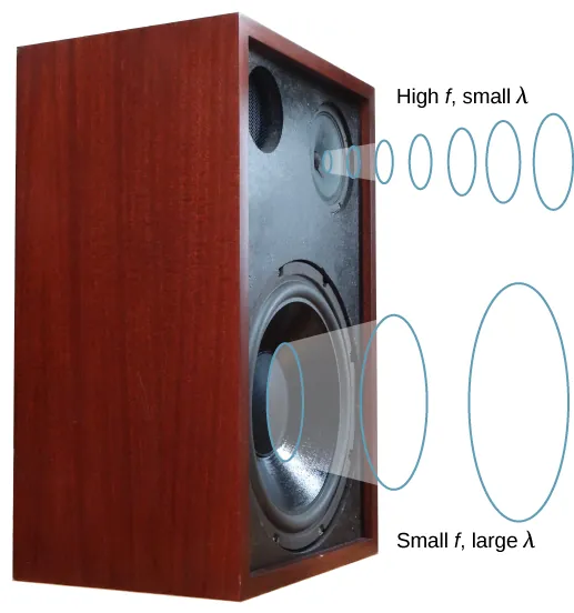 Picture is a schematic drawing of a speaker system emanating sound waves. The lower-frequency sounds are emitted by the bottom large speaker; the higher-frequency sounds are emitted by the top small speaker.