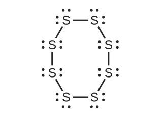 Se muestra una estructura de Lewis en la que ocho átomos de azufre, cada uno con dos pares solitarios de electrones, están unidos en un anillo de ocho lados.