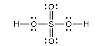 A Lewis structure is shown in which a sulfur atom is single bonded to four oxygen atoms. Two of the oxygen atoms have three lone pairs of electrons while the other two each have two lone pairs of electrons and are each singly bonded to a hydrogen atom.