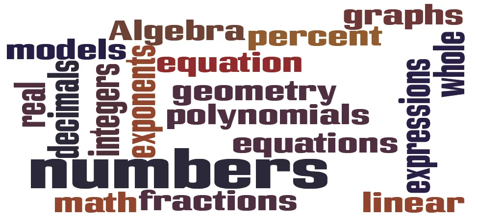 The image shows a collage of mathematical terms such as algebra, decimals, equations, numbers etcetera. The words are written horizontally, vertically, and in different colors.