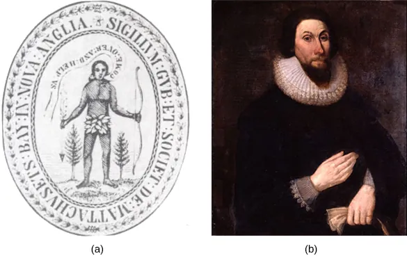 Image (a) shows the 1629 seal of the Massachusetts Bay Colony. On the seal, a Native American dressed in a leaf loincloth and holding a bow is depicted asking colonists to “Come over and help us.” Image (b) is a portrait of John Winthrop, who wears dark clothing, an Elizabethan ruff, and a pointed beard.