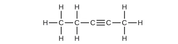 Se muestra una cadena de cinco átomos de carbono. El primer átomo de C (de izquierda a derecha) forma un enlace simple con el segundo átomo de C. El segundo átomo de C forma un enlace simple con el tercer átomo de C. El tercer átomo de C forma un triple enlace con el cuarto átomo de C. El cuarto átomo de C forma un enlace simple con el quinto átomo de C. El primer átomo de C tiene tres átomos de H enlazad. El segundo átomo de C tiene dos átomos de H enlazados a este. El quinto átomo de C tiene tres átomos de H enlazados.