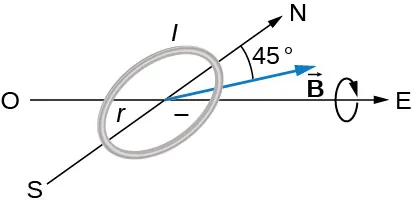 Se muestra un bucle circular horizontal junto con las direcciones de la brújula. El campo magnético apunta 45 grados por debajo de la horizontal. El bucle se muestra girando en el sentido de las agujas del reloj visto desde el este.