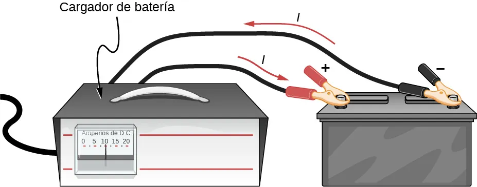 La figura muestra un cargador de baterías de automóvil conectado a dos terminales de una batería de automóvil. La corriente fluye del cargador al terminal positivo y del terminal negativo de vuelta al cargador.