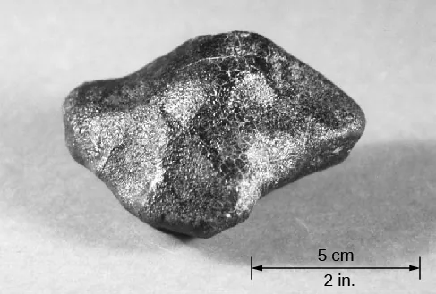 Photograph of a Piece of Vesta. This photo shows an irregularly shaped metallic fragment from Vesta. The scale at lower right reads “5 cm/2 in.” and is about half the width of the object.
