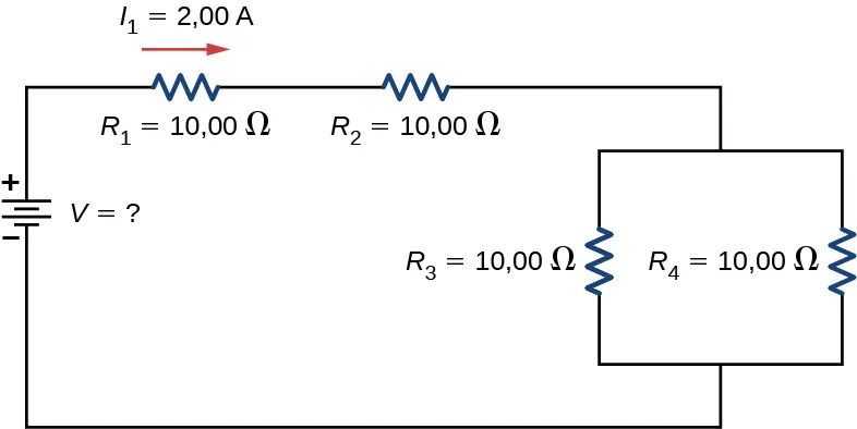 La figura muestra un circuito con cuatro resistores y una fuente de voltaje. El terminal positivo de la fuente de voltaje se conecta al resistor R subíndice 1 de 10 Ω con la corriente derecha I subíndice 1 de 2 A conectado en serie al resistor R subíndice 2 de 10 Ω conectado en serie a dos resistores paralelos R subíndice 3 de 10 Ω y R subíndice 4 de 10 Ω.