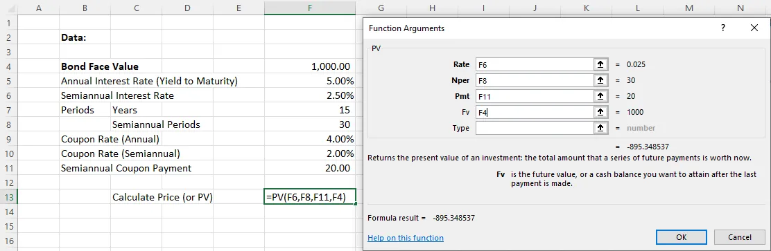 A screenshot of the Function arguments window, where parameters to calculate the present value function are entered according to the data in the Excel sheet.