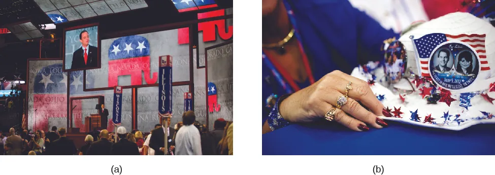 Image A is of Reince Priebus standing at a podium in front of a crowd of people. Behind Priebus is an elephant symbol, colored red and blue with three white stars along its back. Image B is of a hat with an American flag, red and blue stars, and a political pin attached to it.