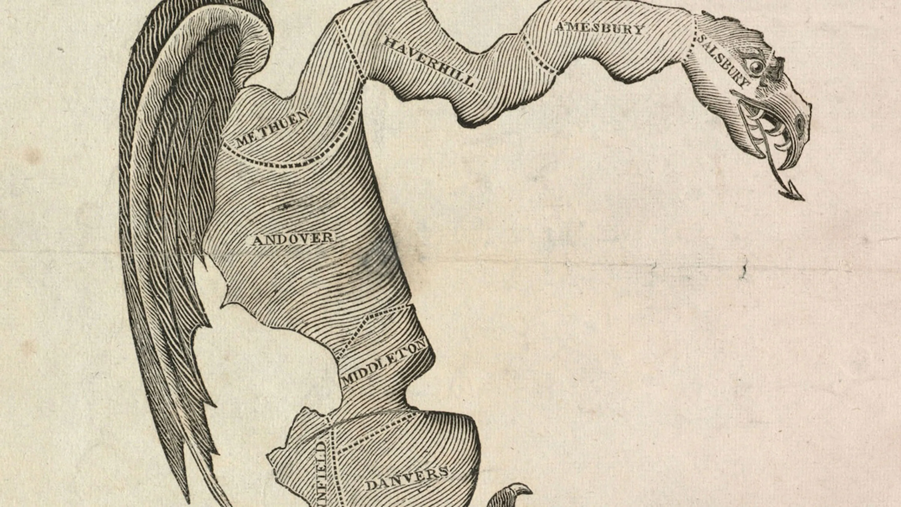 An illustration shows a cartoon map of Gerry-Mander in the Boston Gazette Newspaper.