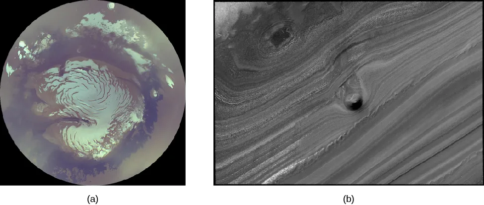 The martian north polar cap. Panel (a), on the left, shows the north polar cap from orbit. The cracks and irregularities in the ice show a distinct spiral pattern. Clouds are seen near the pole in the upper half of the image. Panel (b), on the right, shows a close-up of the terrain near the polar ice. There is a mound about 40 meters high that visible near the center of the picture.