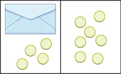 The image is divided in half vertically. On the left side is an envelope with 4 counters below it. On the right side is 7 counters.