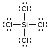 Una estructura de Lewis muestra un átomo de silicio que tiene un enlace simple con cuatro átomos de cloro. Cada átomo de cloro tiene tres pares solitarios de electrones.