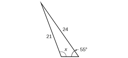 Un triángulo. Un ángulo es de 55 grados con el lado opuesto = 21. Otro ángulo es de x grados con el lado opuesto = 24.