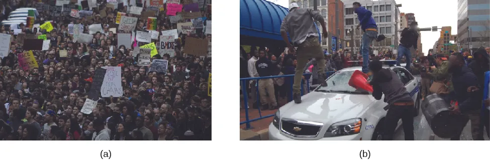 Image A is of a large crowd of people. Some of the people are holding signs. Image B is of a crowd of people. In the foreground three people stand on a car. A fourth person holds a traffic cone against the car’s windshield. In the background is a crowd of people along a road.