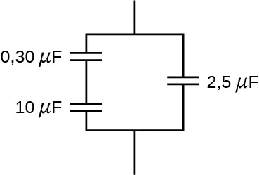 La figura muestra condensadores de valor 0,3 microfaradios y 10 microfaradios conectados en serie. Estos están conectados en paralelo con un condensador de valor 2,5 micro Farad.
