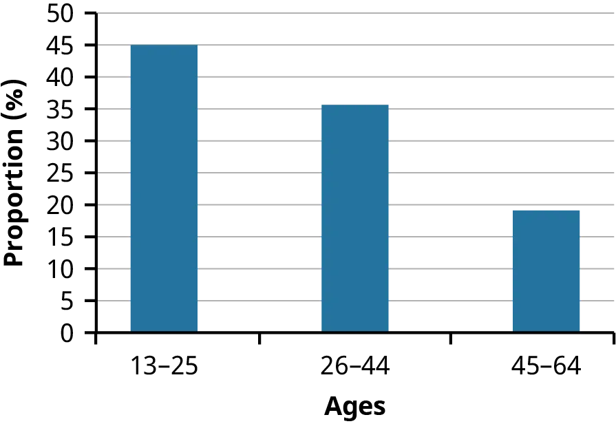 A bar graph for age groups showing the proportion of the population. About 45% of the population are in age group 13-25. About 35% of the population are in age group 26-44 About 20% of the population are in age group 45-64.