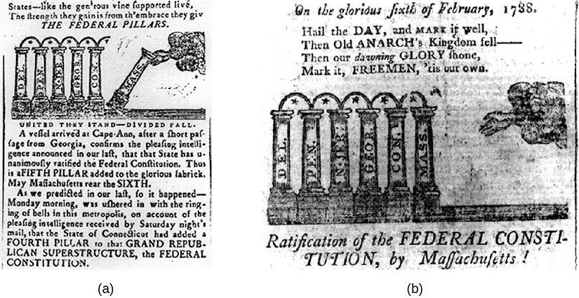 Image a shows a newspaper illustration showing five pillars standing upright representing Delaware, Pennsylvania, New Jersey, Georgia and Connecticut. A sixth pillar representing Massachusetts is broken apart from the others and falling over). Image b shows a similar newspaper illustration showing the six pillars all standing upright.