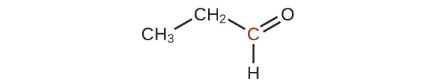 A molecular structure is shown with a C H subscript 3 group bonded up and to the right to a C H subscript 2 group which is bonded down and to the left to a C group. This C atom appears in red. The C atom forms a double bond with an O atom up and to the right. Directly below the C atom is a single bond to an H atom.
