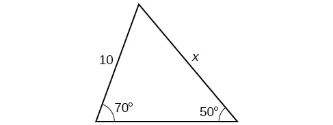 Un triángulo con un ángulo de 50 grados y un lado opuesto de longitud 10. Otro ángulo es de 70 grados con el lado opuesto de longitud x.