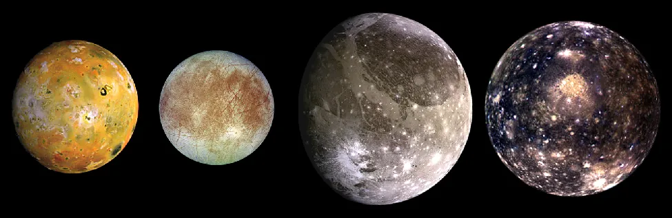 The Moons of Jupiter. The four Galilean satellites are show to scale in this image. From left to right: Io, Europa, Ganymede and Callisto.