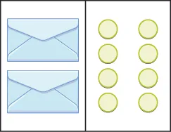 This figure has two columns. In the first column there are  two envelopes. In the second column there are two vertical rows, each includes four blue circles.