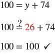The image shows the original equation,100 equal to y plus 74. Substitute 26 in for y to check. The equation becomes 100 equal to 26 plus 74. Is this true? The right side simplifies by adding 26 and 74 to get 100. Both sides of the equal symbol are 100.
