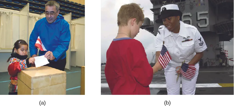 Photo A shows former prime minister of Greenland Hans Enoksen and a child putting a slip of paper in a wooden box. Photo B shows an officer in a navy uniform giving a small American flag to a child.