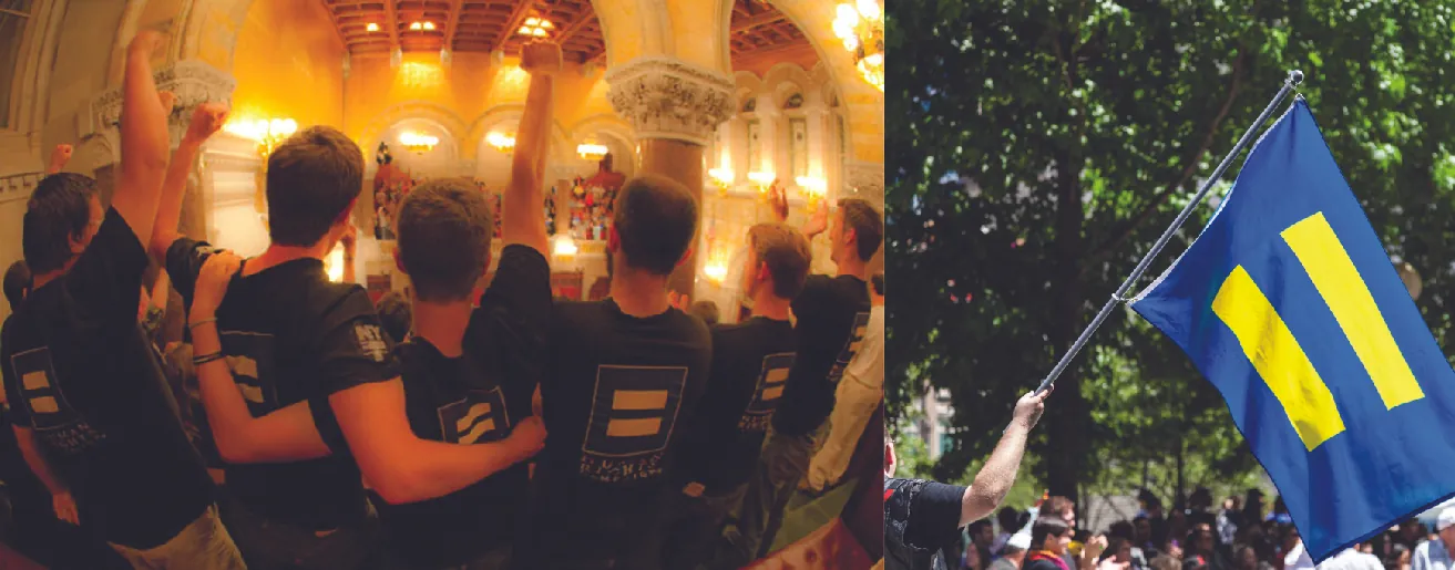 Image on the left is of the back of a group of people. The symbol of an equals sign can be seen on the back of several shirts. Image on the right is of a flag. On the flag is the symbol of an equals sign.