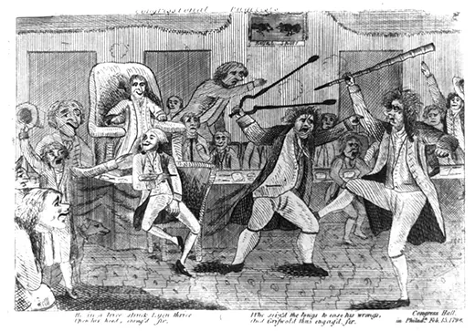 A cartoon, titled “Congressional Pugilists,” shows Matthew Lyon, a Democratic-Republican representative from Vermont, fighting his opponent, Federalist Roger Griswold, in Congress Hall. A group of congressmen watch as Griswold, armed with a cane, kicks Lyon, who is armed with a massive pair of fireplace tongs and grabs Griswold’s arm. Below the scene are the words: “He in a trice struck Lyon thrice / Upon his head, enrag’d sir, / Who seiz’d the tongs to ease his wrongs, / And Griswold thus engag’d, sir.”
