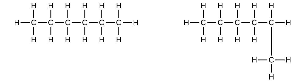 Se muestran dos fórmulas estructurales. En la primera, se muestra una cadena horizontal de hidrocarburos, formada por seis átomos de C unidos por enlaces simples. Cada átomo de C tiene un átomo de H enlazado por encima y por debajo. Los dos átomos de C en cada extremo de la cadena tienen un tercer átomo de H enlazado a ellos. En la segunda estructura, se muestra una cadena horizontal de hidrocarburos compuesta por cinco átomos de C conectados por enlaces simples, con un sexto átomo de C unido por enlace simple debajo del átomo de C más a la derecha. El primer átomo de C (de izquierda a derecha) tiene tres átomos de H enlazados. El segundo átomo de C tiene dos átomos de H enlazados a este. El tercer átomo de C tiene dos átomos de H enlazados. El cuarto átomo de C tiene dos átomos de H enlazados. El quinto átomo de C tiene dos átomos de H enlazados. El átomo de C enlazado por debajo del quinto átomo de C tiene tres átomos de H enlazados.