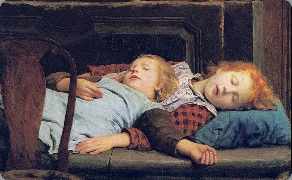 A painting shows two children sleeping.